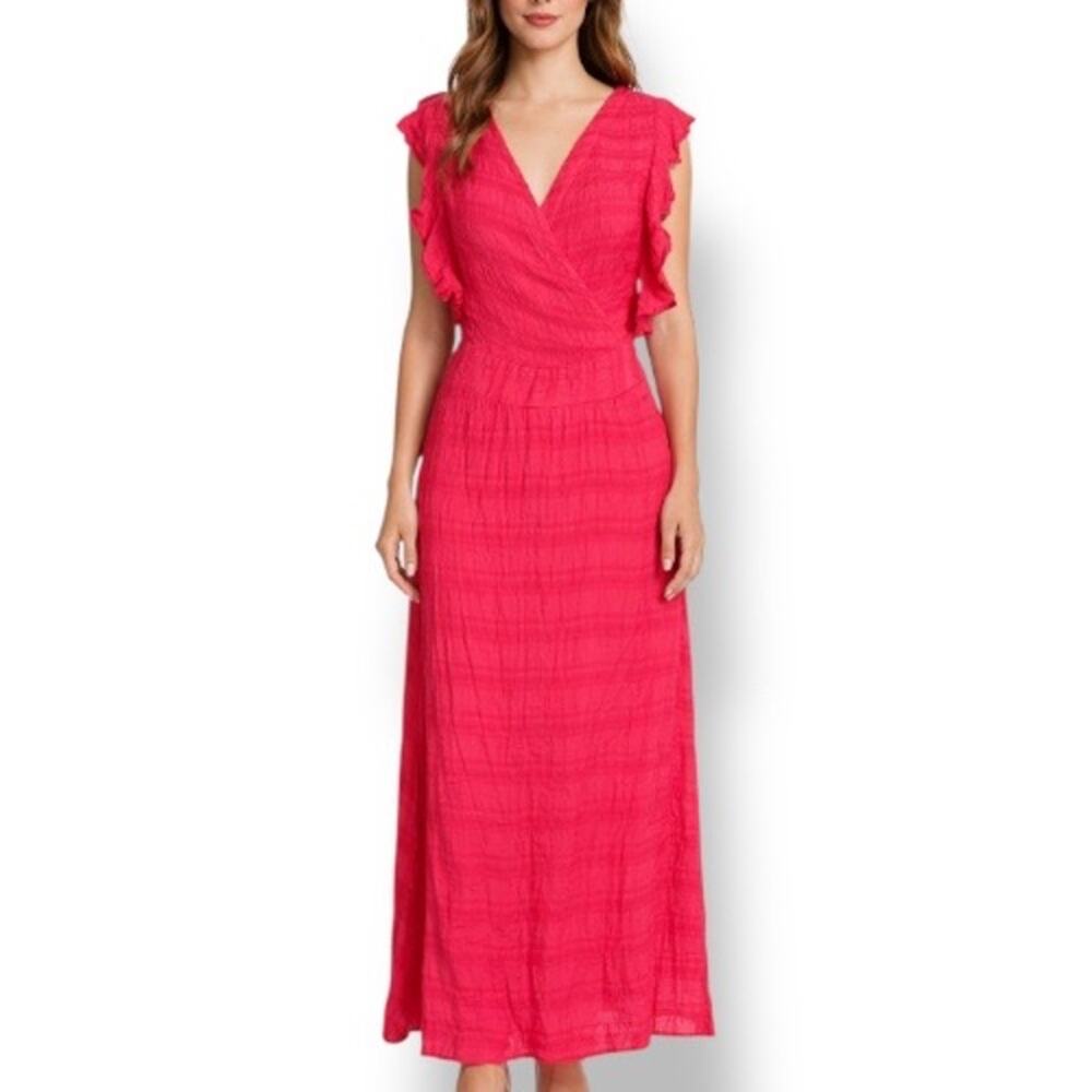 Michael Stars Hot Pink Crinkle‎ Maxi Dress XS Made In USA Ruffled Lightweight